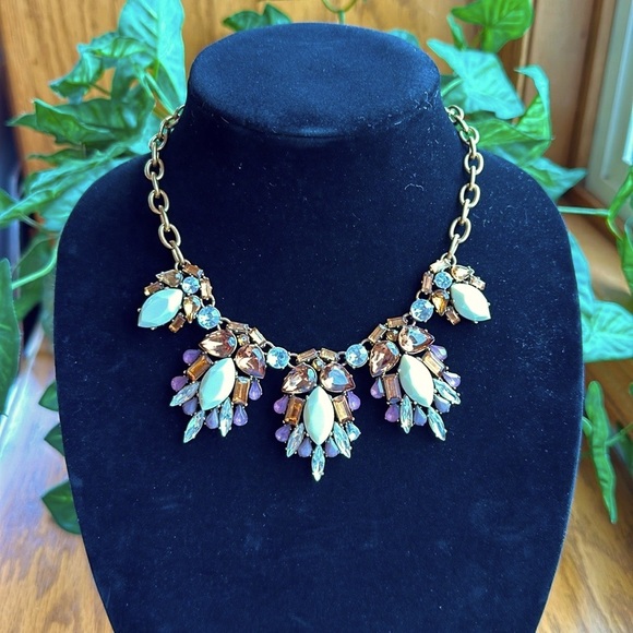 J.Crew Statement Necklace Topaz Violet Copper Cream Faceted Glass Fall Neutrals - Picture 2 of 8